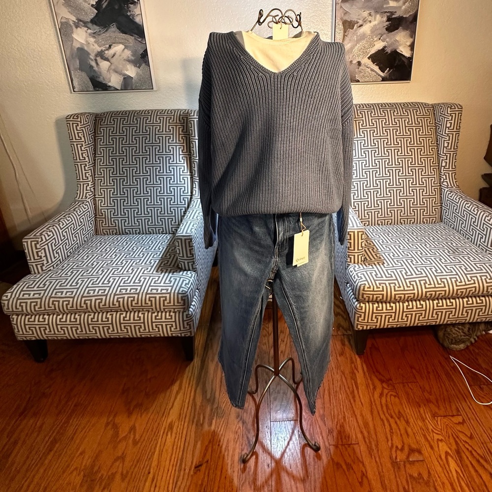 Blue V-Neck Sweater and Denim Skirt Set